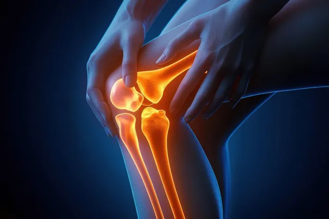 Person holding knee while glowing internal bones appear beneath the skin
