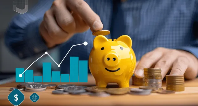 A businessman inserts a coin into a piggy bank while money charts rise in the background.