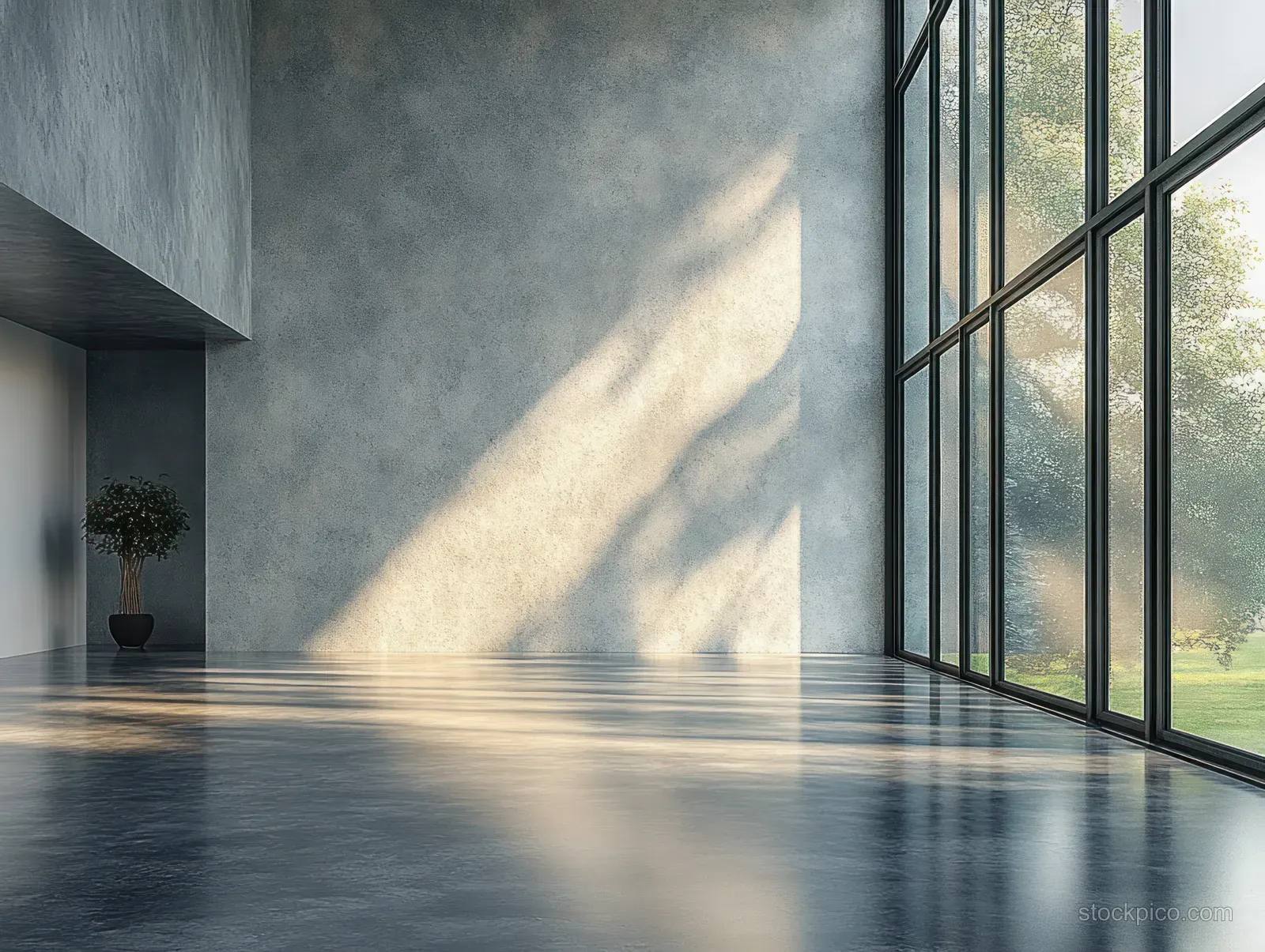 Minimalist loft interior with polished concrete floor and large windows letting sunlight create long shadows.
