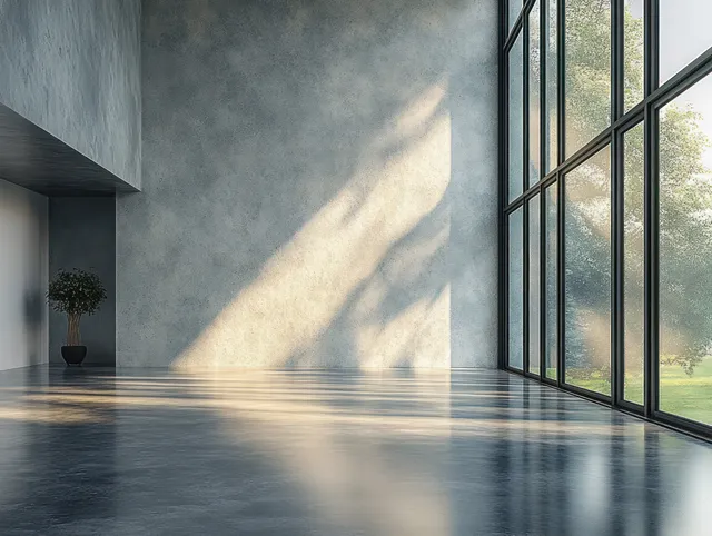Minimalist loft interior with polished concrete floor and large windows letting sunlight create long shadows.