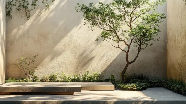 Sunlit minimalist courtyard showing a concrete bench, lone tree, small plants, and long shadows across beige textured walls.