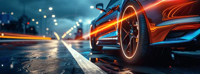 Blue sedan racing on an evening highway, motion blur and glowing light beams