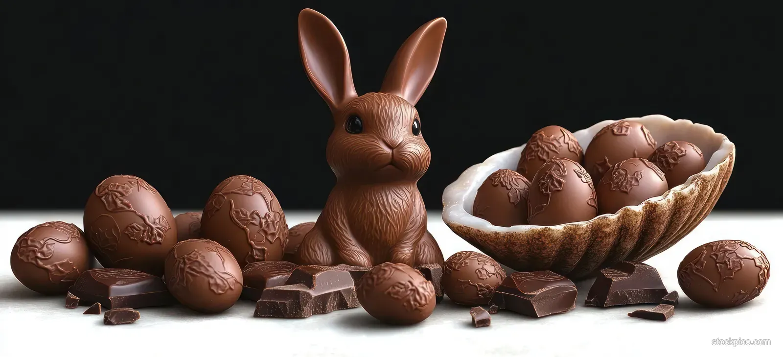 Chocolate bunny and assorted egg-shaped sweets with broken chocolate pieces arranged on a dark background.
