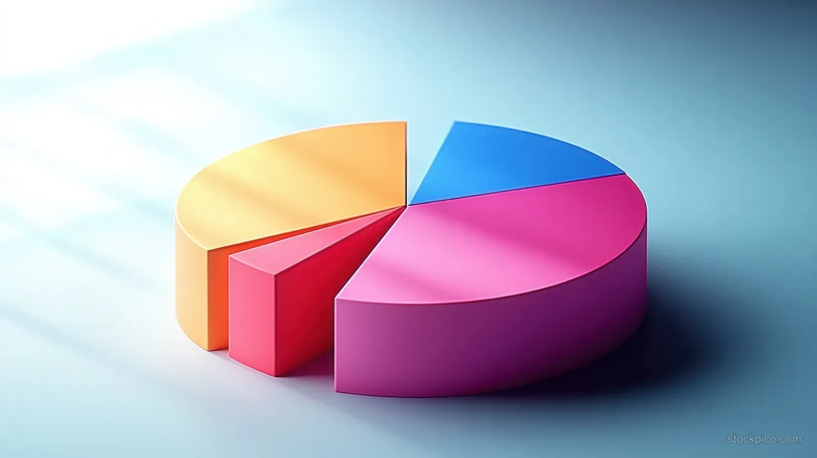 Pastel 3D pie chart segments in pink, blue, and gold sit on a soft gradient background.
