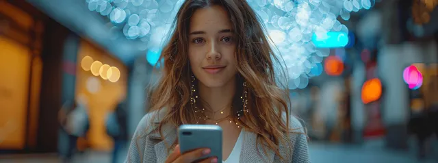 A person holding a smartphone on a neon-lit street with blurred city lights in the background.