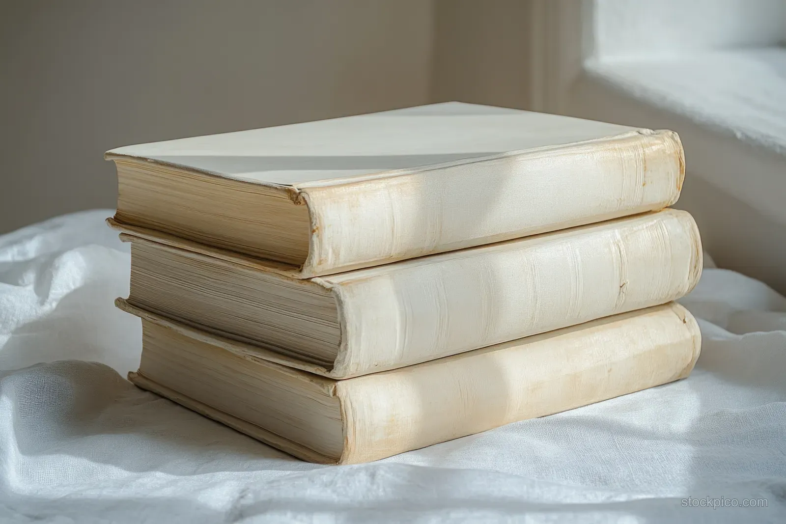 Three blank softcover books stacked on white fabric with warm natural window light and soft shadows.