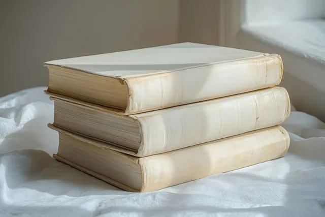Stack of three blank softcover books on white cloth under warm natural window light