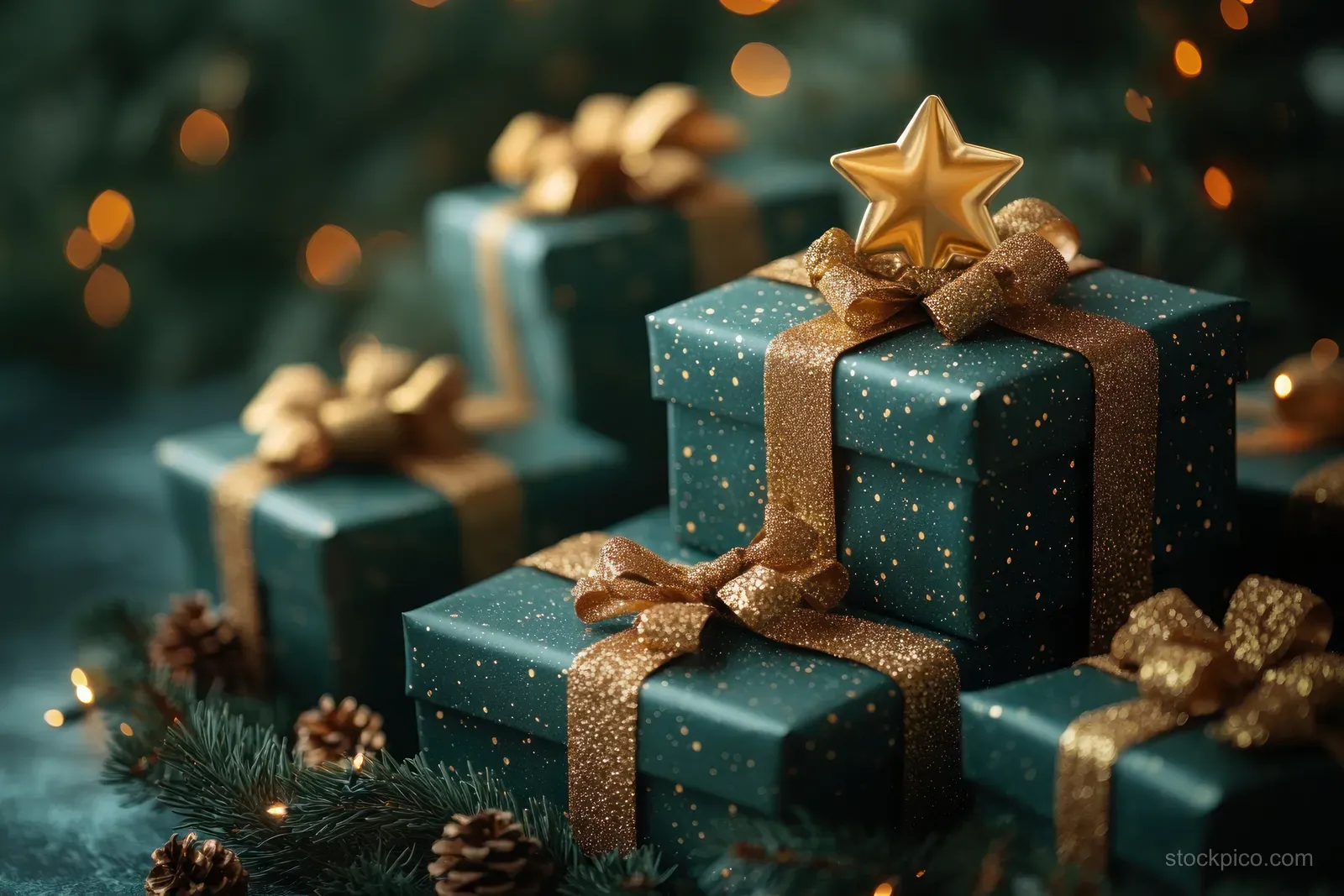 Stacked green Christmas gift boxes with gold bows and a star topper near pine cones and warm lights.