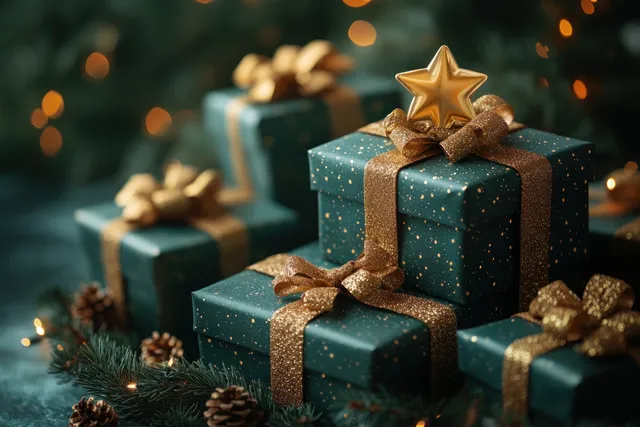 Stacked Christmas Gift Boxes Form a Tree Shape with Golden Bows