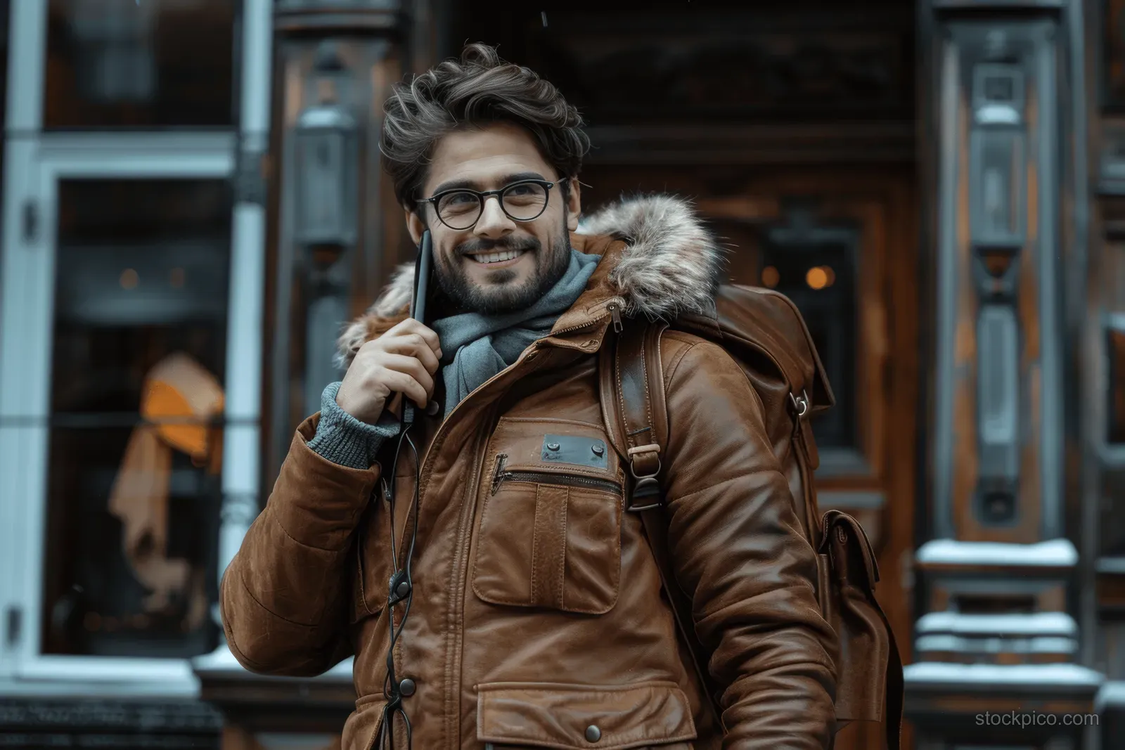 A businessman talks on a smartphone outside a modern building while holding a leather bag and brown fur-trimmed coat.