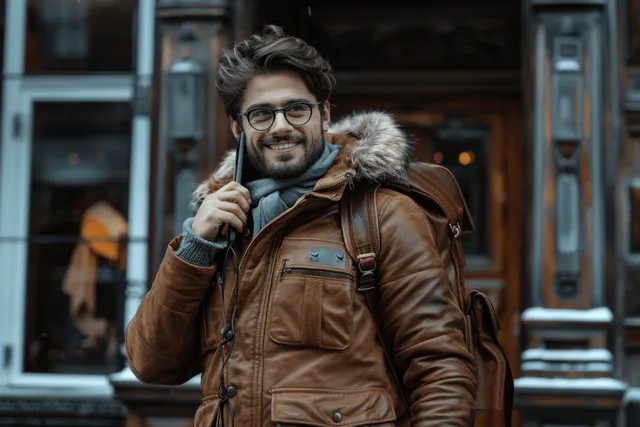 A businessman talks on a smartphone outside a modern building while holding a leather bag and brown fur-trimmed coat.