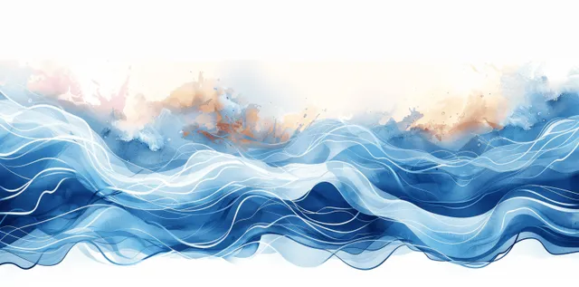 Hand-drawn watercolor ocean waves rolling across a soft sky-blue background