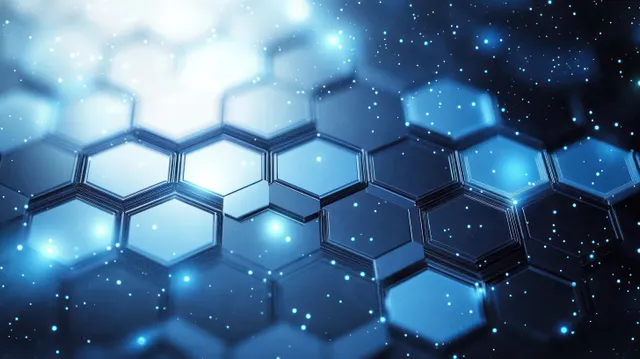 Glowing blue hexagonal network with particle lights over a futuristic digital surface