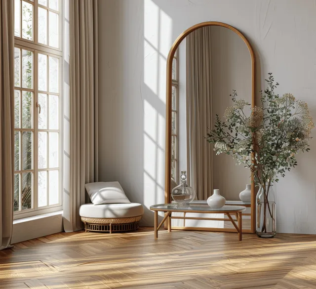 Minimalist living room with arched mirror, glass coffee table, and warm parquet lighting