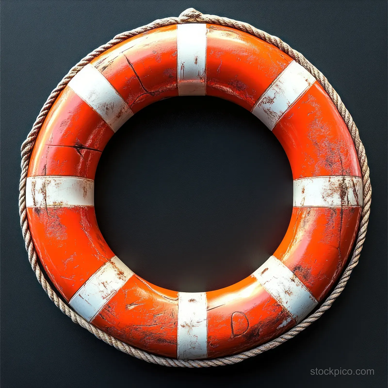 Worn orange life buoy with white stripes and attached rope against a dark background.