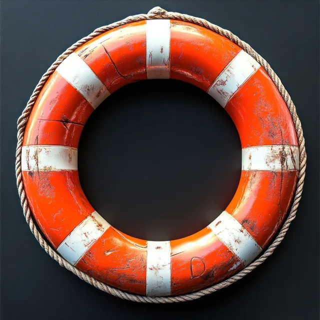 Worn orange life buoy with white stripes and attached rope against a dark background.