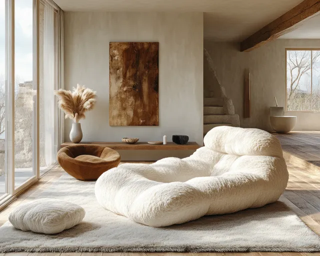 Minimalist Scandinavian living room with cozy sofa, plush armchair, and warm natural window light