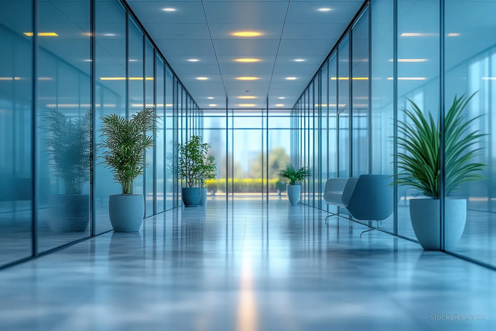 Blurred modern office hallway with glass walls, potted plants, and soft ceiling lights creating a perspective view.