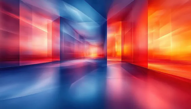 A glowing blue and orange futuristic corridor abstract stretches into deep perspective with sharp geometric panels.