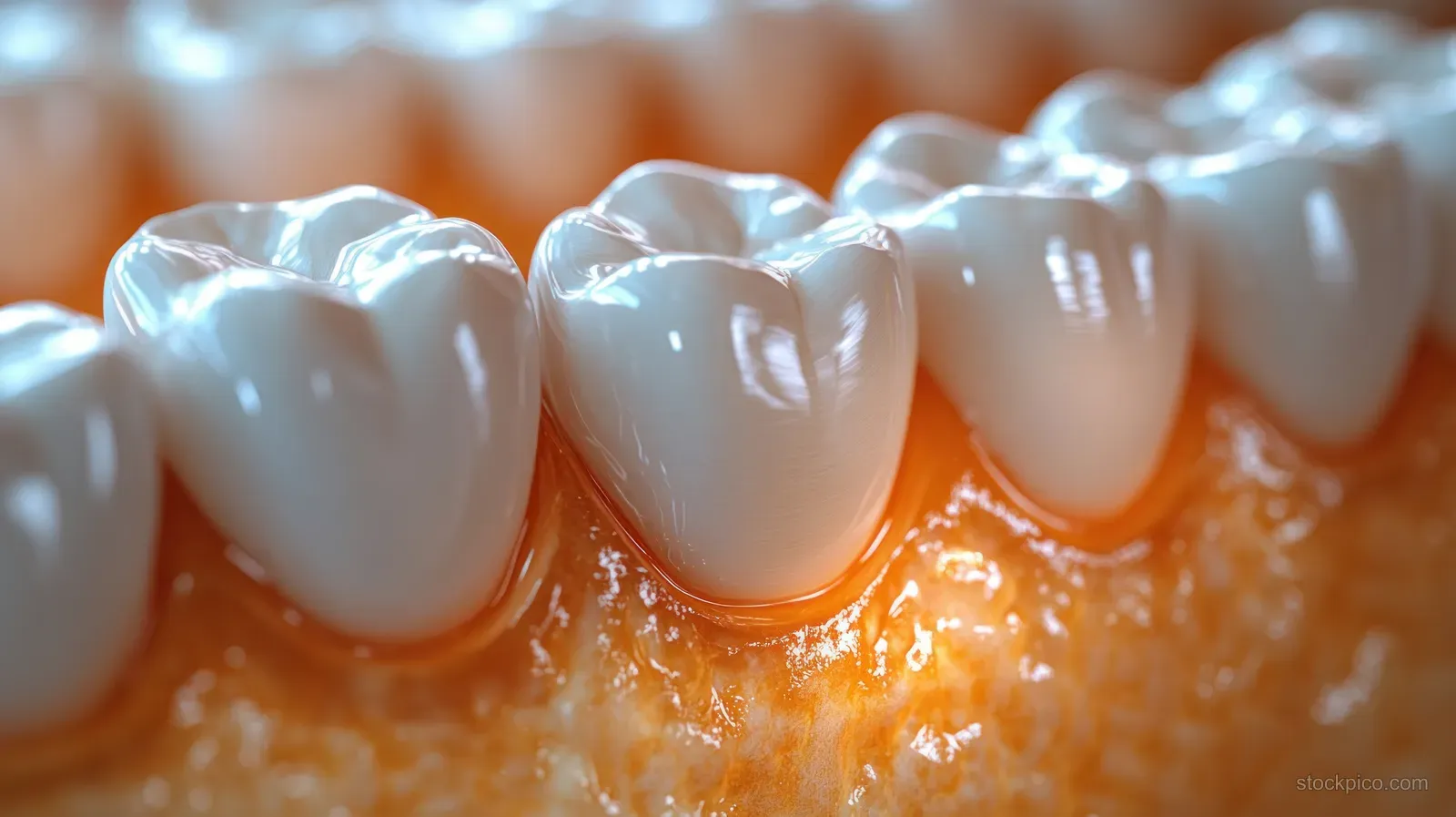 Macro close-up of upper white teeth and gums with glossy enamel under warm dental clinic light.