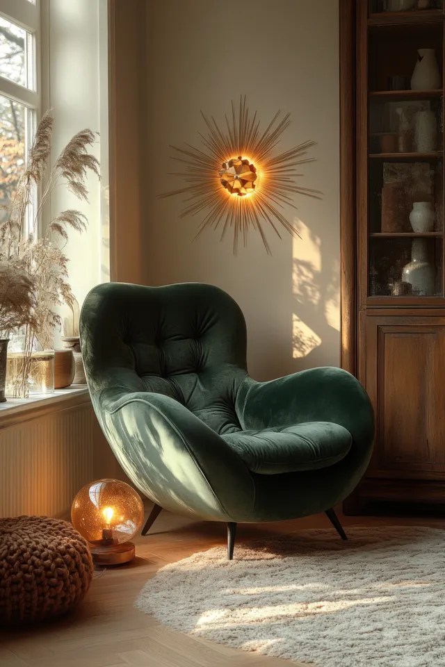 Green velvet armchair in a warm living room corner with candlelight and a glowing starburst wall ornament.