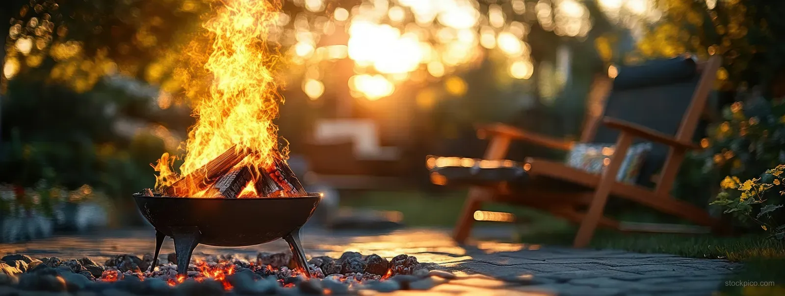 Orange flames rise from a metal fire pit on a stone path beside wooden chairs under warm sunset light.