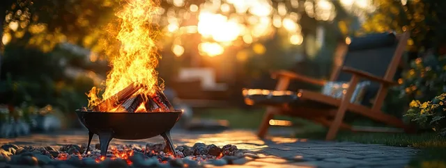 Orange campfire flames burning in metal fire pit on stone path near wooden chairs
