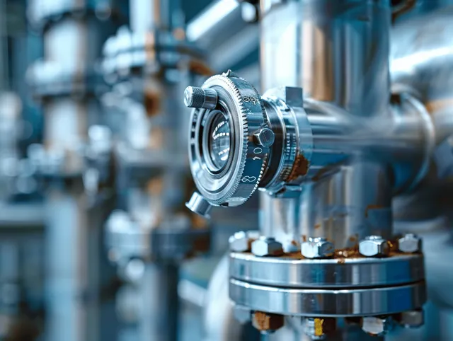 Macro closeup of a precision medical instrument component beside stainless pipes and metallic clamps in an industrial setting.