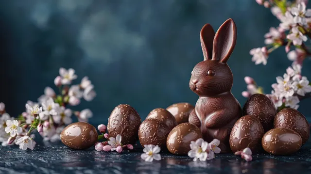 Chocolate Easter bunny and assorted textured chocolate eggs surrounded by small spring blossoms on a dark table.