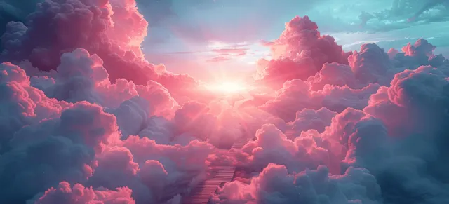 A luminous staircase rises through clouds while the sunrise beams shine across the sky.