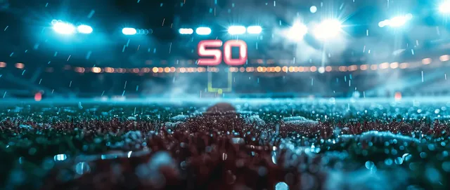 Nighttime view of a packed American football stadium with bright lights illuminating the 50 yard line and lush grass field.