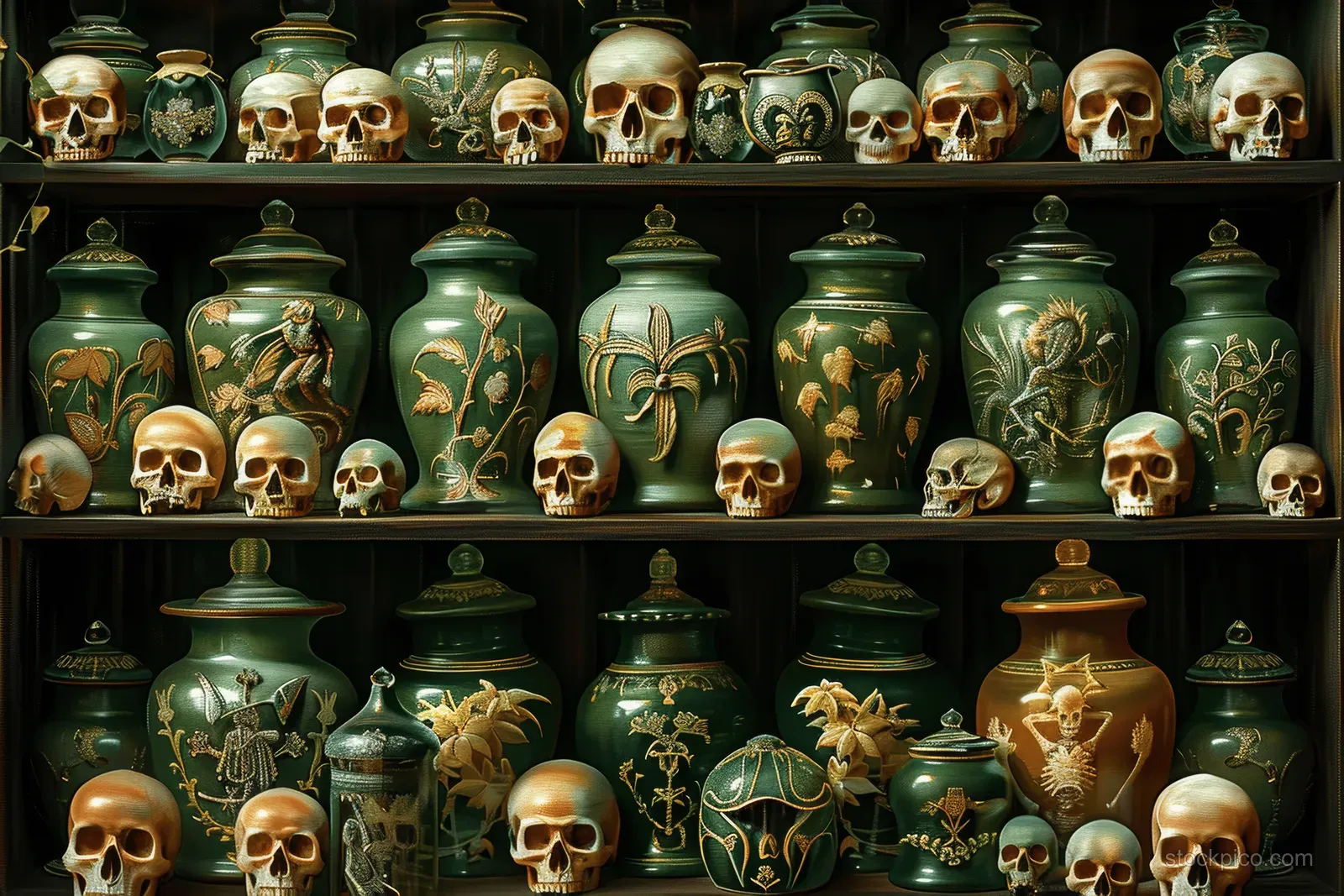 Dark apothecary shelves hold green and gold potion jars beside small skull ornaments in gothic style.
