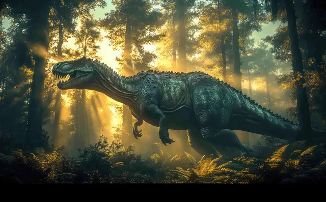 A Torosaurus with a large frill walks through a misty prehistoric forest as sunrise light streams between trees.