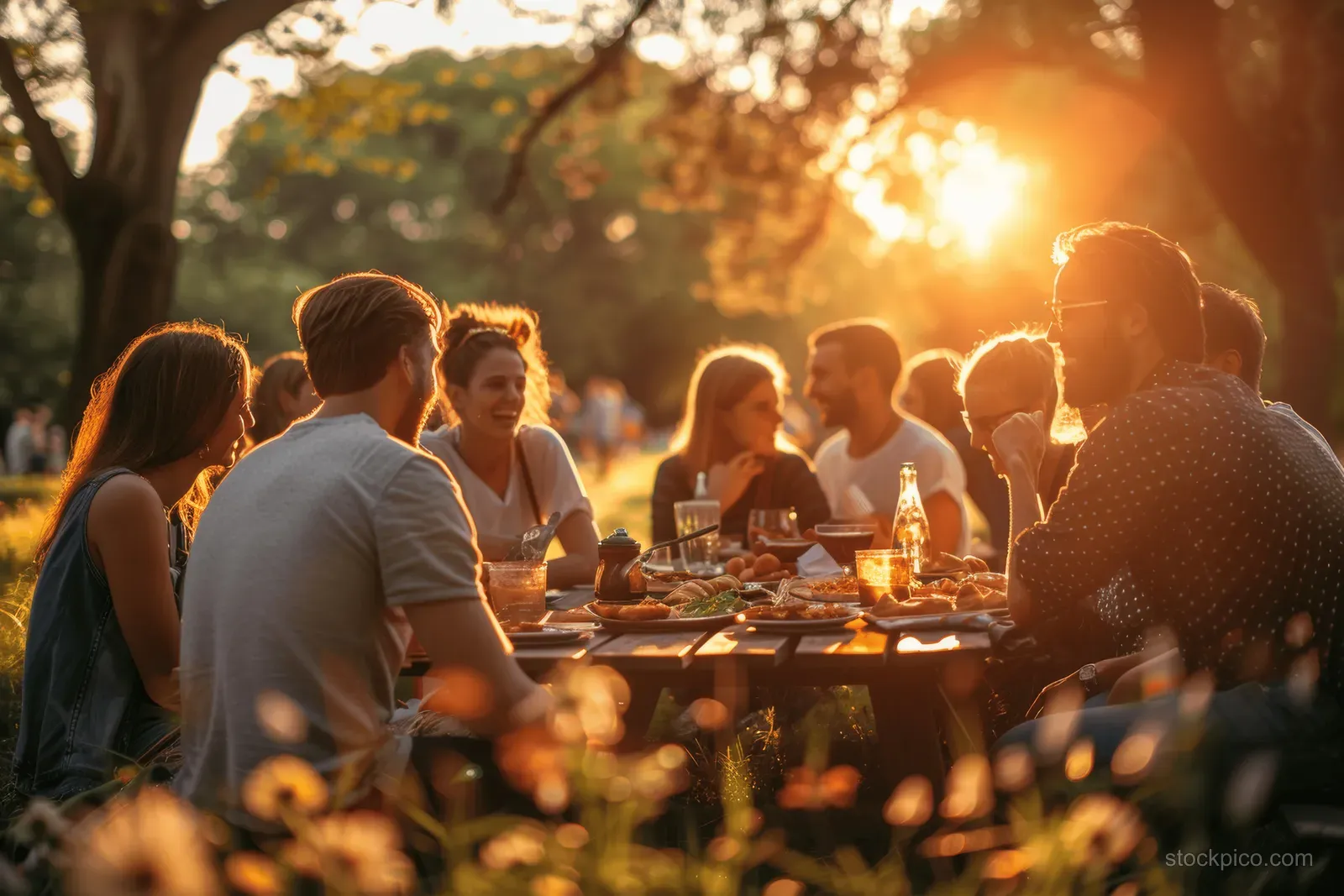 Friends gather at a picnic table in a park during golden hour with warm sun flare through trees.