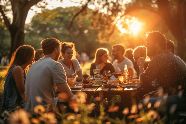 Friends gather at a picnic table in a park during golden hour with warm sun flare through trees.