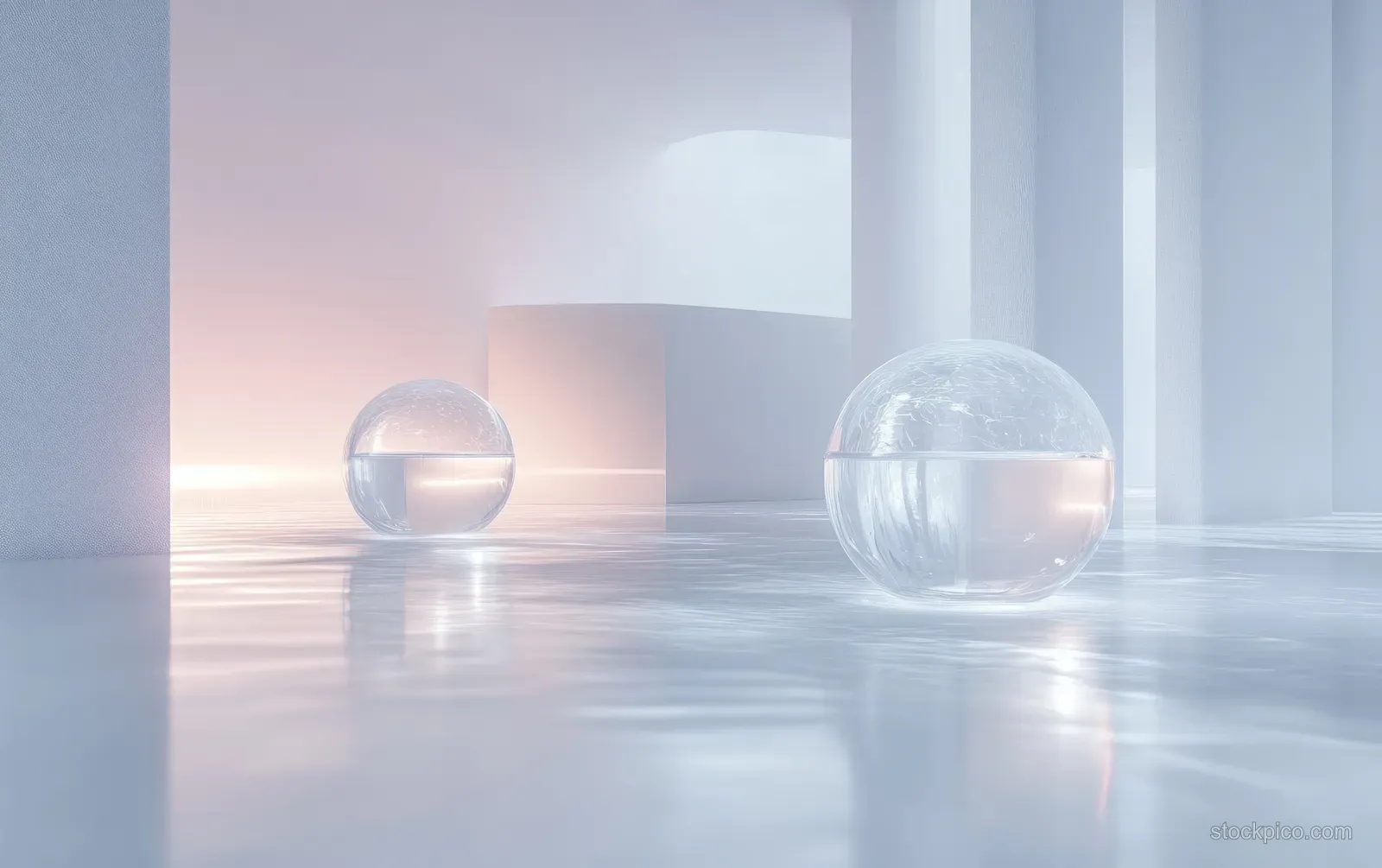 Two transparent glass spheres sit on a reflective floor in a softly lit minimal room.