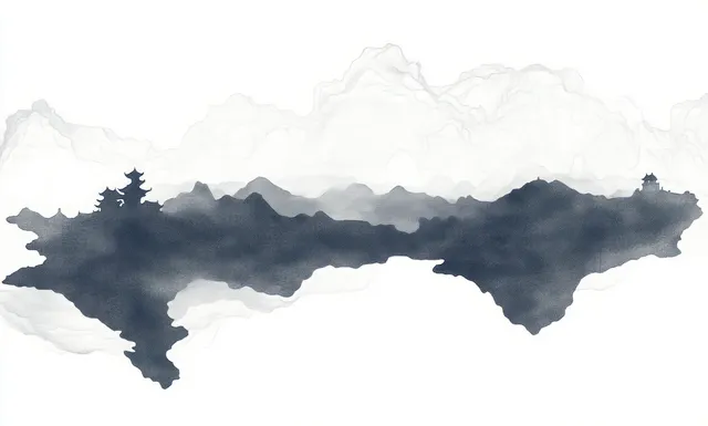 Monochrome ink landscape with floating mountain silhouettes, pagoda rooftops, and layered mist across a calm sky background.