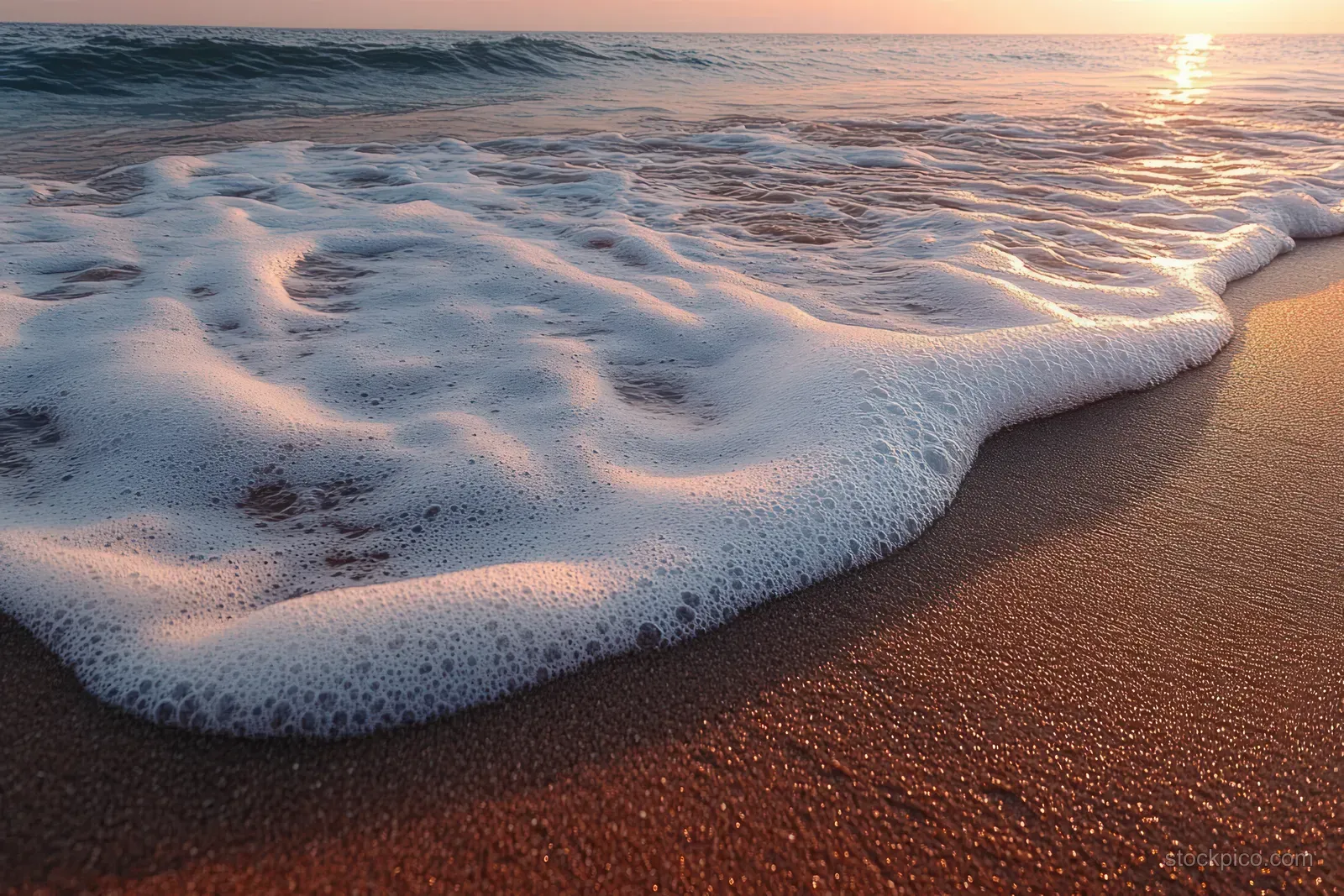 Golden sunrise light hits a sandy beach where gentle waves leave white foam and ripples.