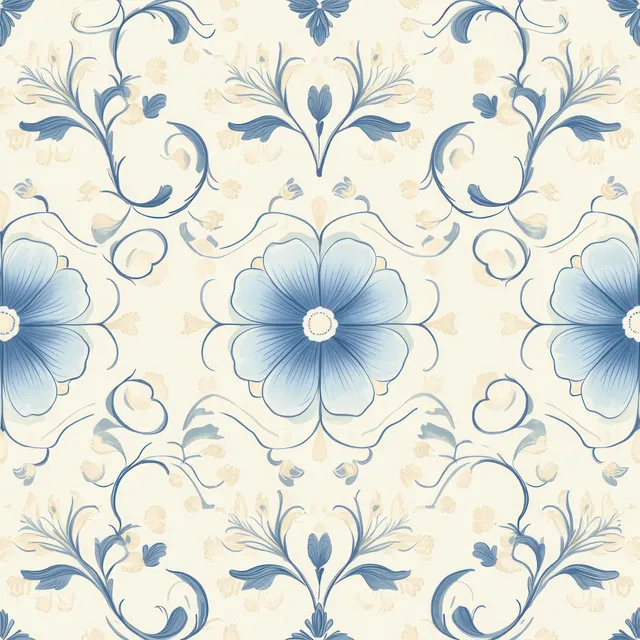 Seamless blue floral wallpaper pattern with large blossoms and scrolling vine ornaments