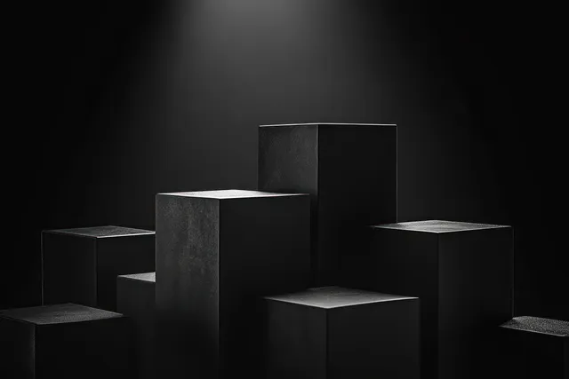 Black geometric cubes arranged on a dark stage under soft spotlight.
