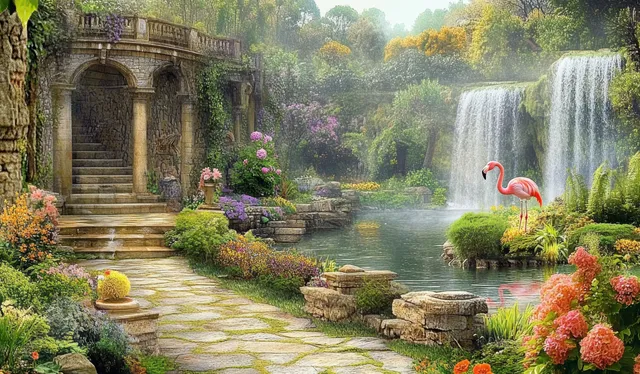 Pink flamingos stand in a lush garden pond beside stone paths, colorful flowers, and cascading waterfalls.