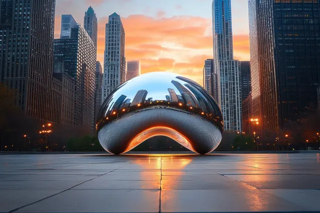 A modern art sculpture reflects golden-hour light in front of Chicago’s skyline.