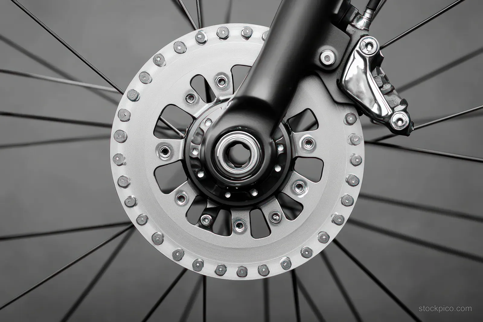 Monochrome close-up of a bicycle disc brake rotor and caliper with spokes radiating from the wheel hub.