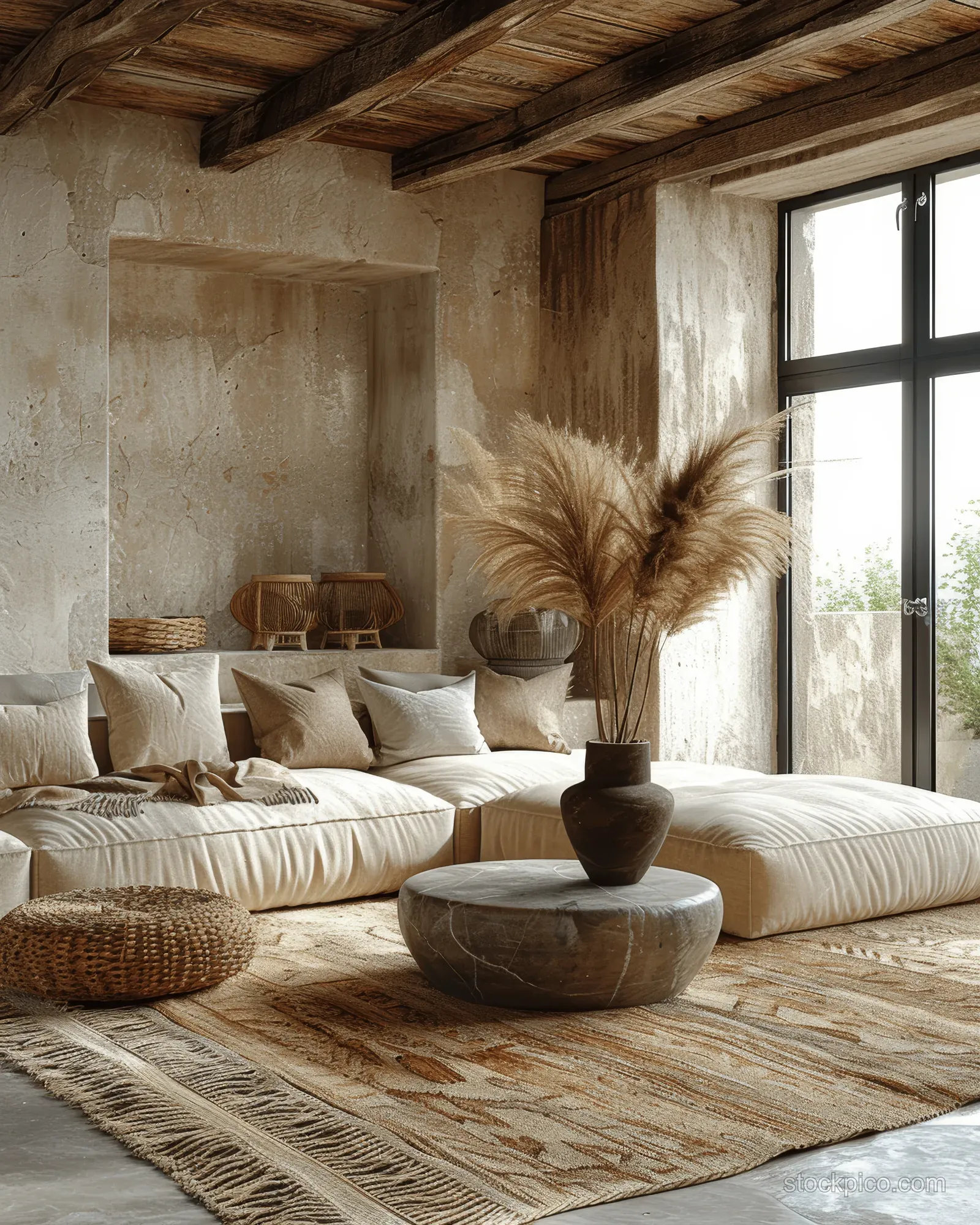 Minimalist living room with beige stucco walls, wooden ceiling beams, large windows, and a vase holding pampas grass.
