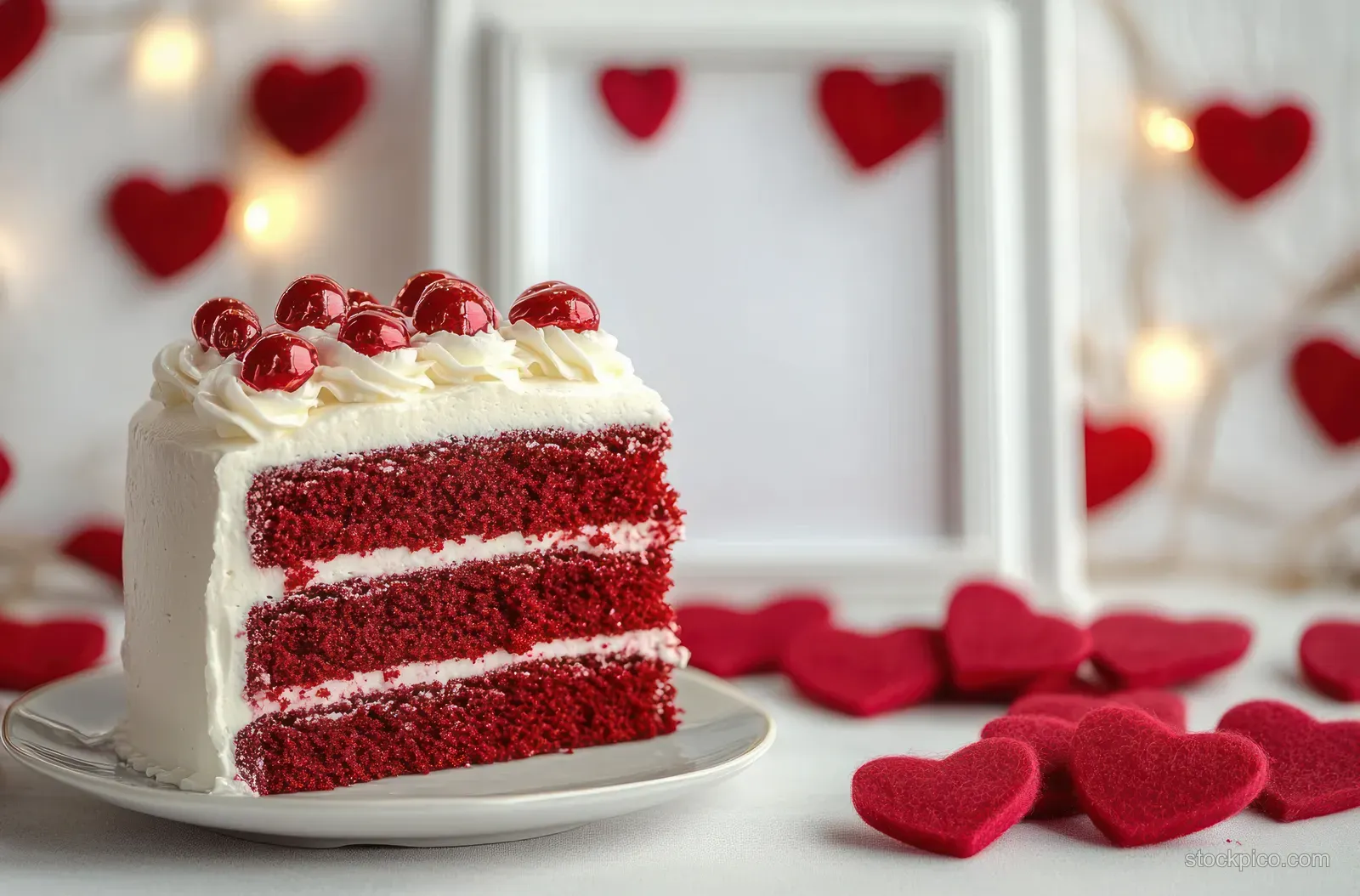 A red velvet cake slice on a white plate with red heart decorations and a softly lit framed heart background.