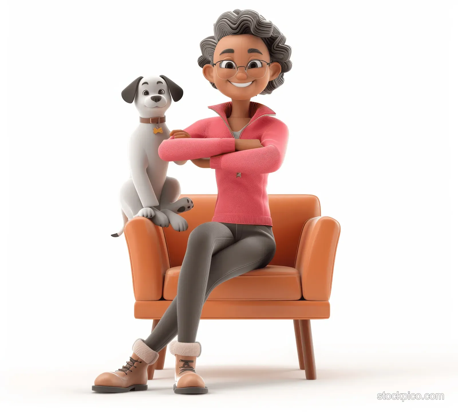 A 3D cartoon senior man sits on an orange couch holding a small white dog against a white background.