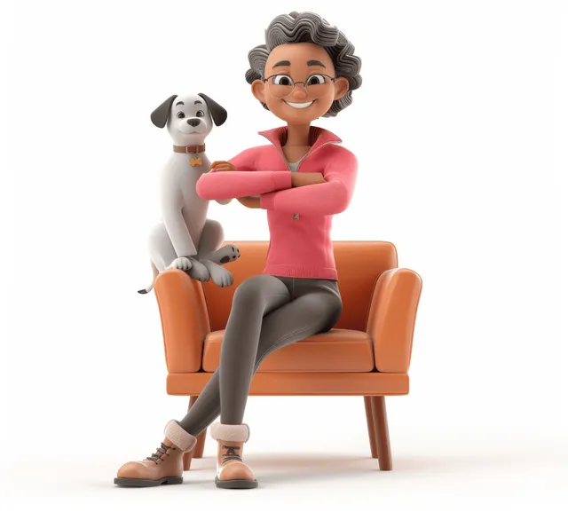 3D cartoon senior man sitting on orange couch holding a smiling dog