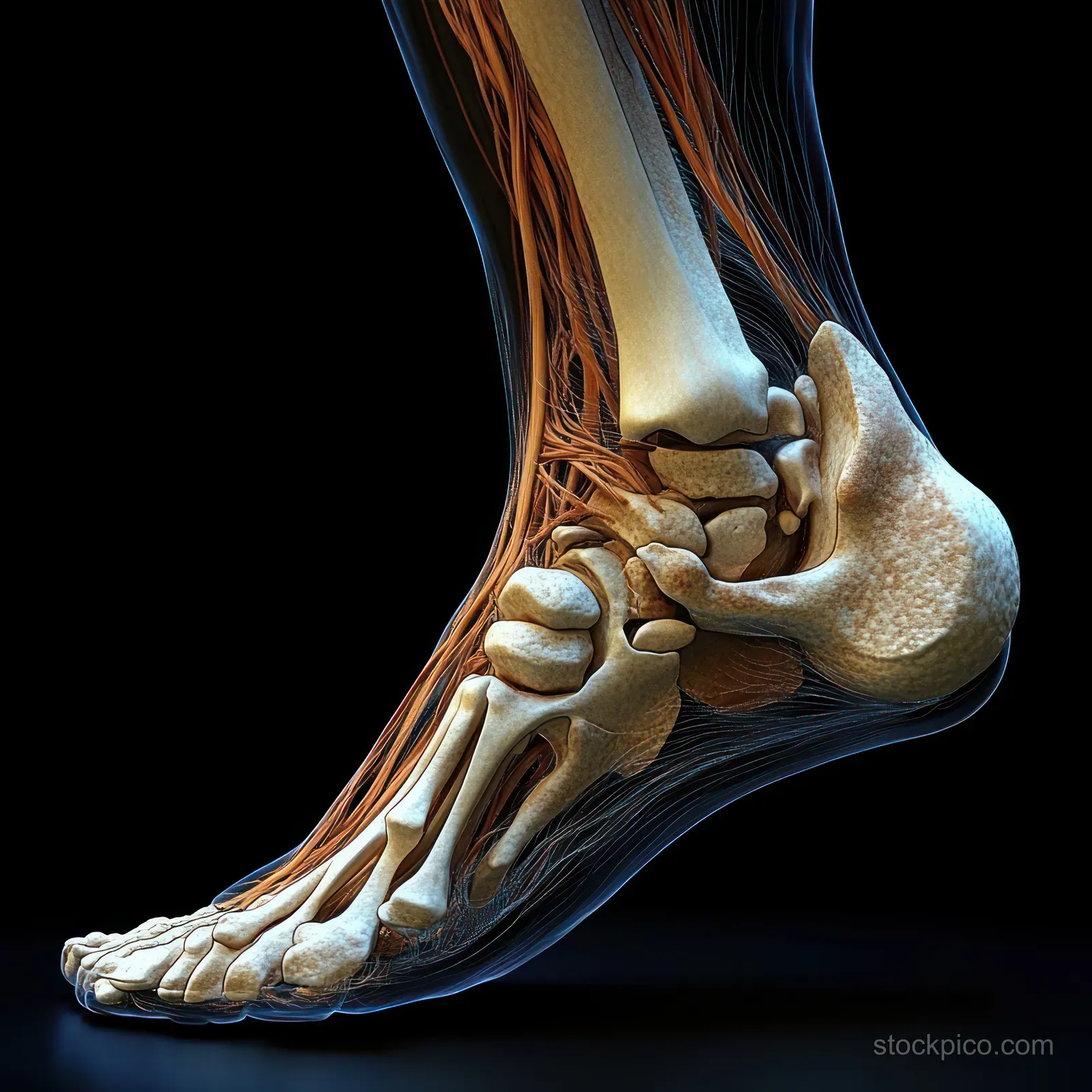 Medial x-ray style view of a human foot showing heel bones, ankle joints, and glowing tendons on a dark background.