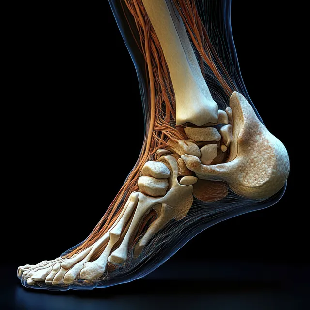Medial x-ray style view of a human foot showing heel bones, ankle joints, and glowing tendons on a dark background.