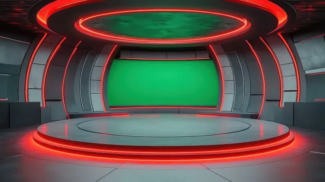 Futuristic circular stage glows with red neon while a large green screen floats inside